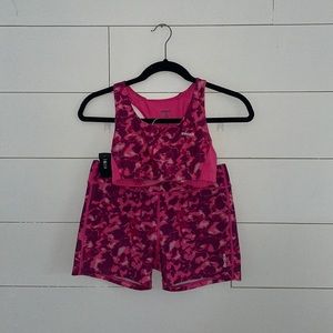 Reebok Juniors Patterned Spandex Sports Bra & Shorts Set Hot Pink XL #0094